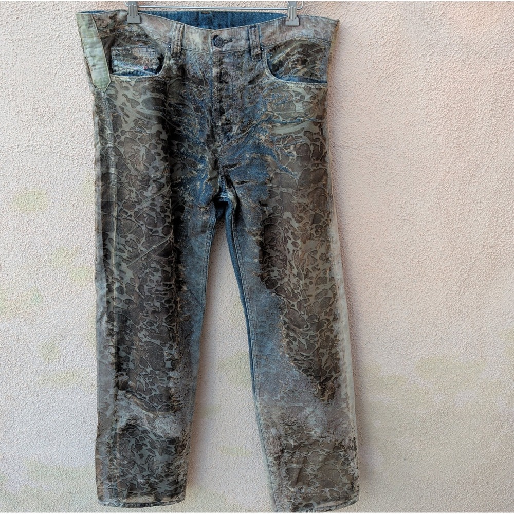 Diesel Mens 2010 D-MACS-FSE-2 Jeans 32 Blue Brown Distressed Laser Cut Denim - Picture 2 of 16